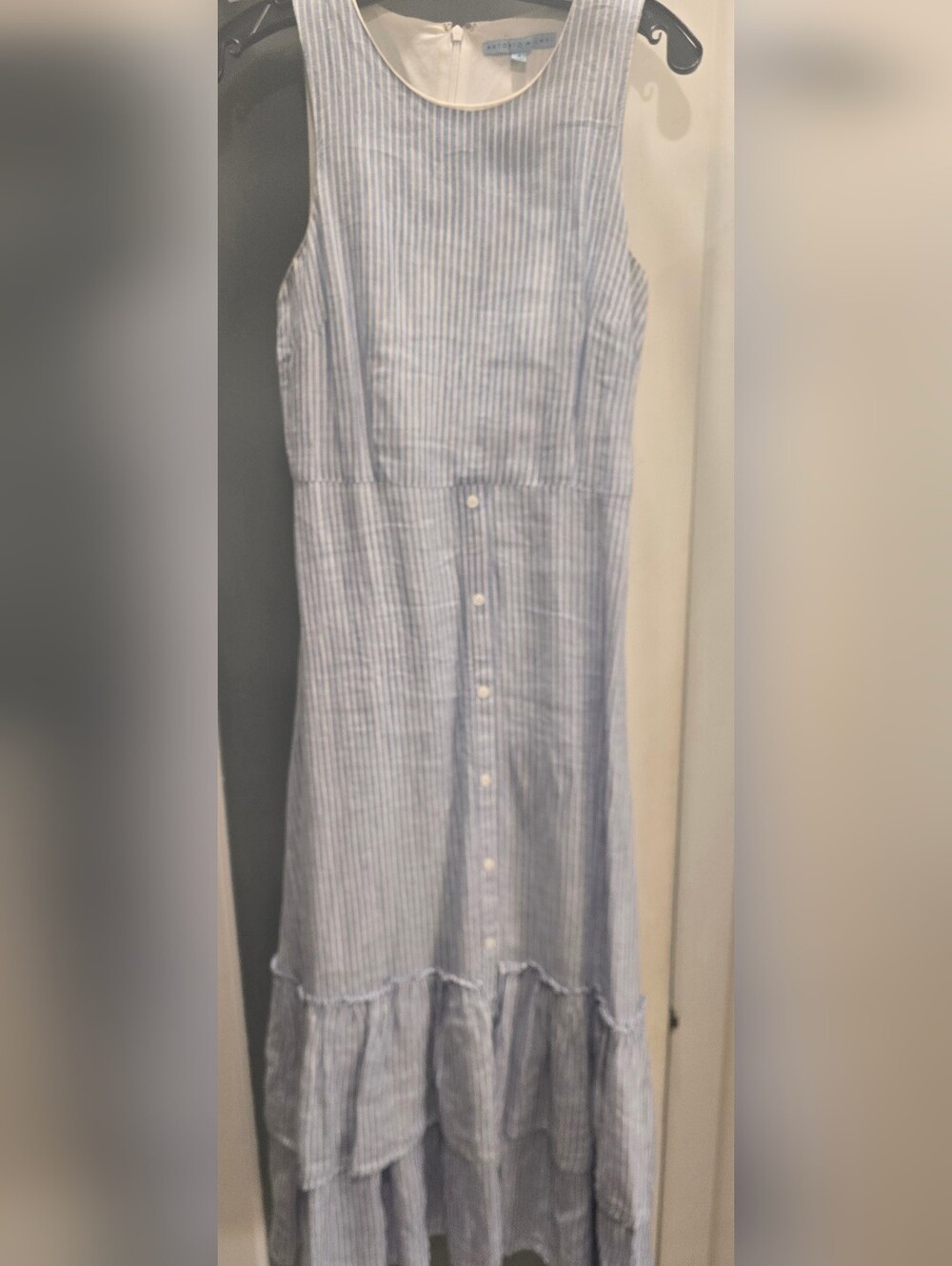 Antonio Melani Blue &White Stripe 100% Linen Midi Dress, Double Ruffle Hem, Sz:4 - Picture 5 of 5